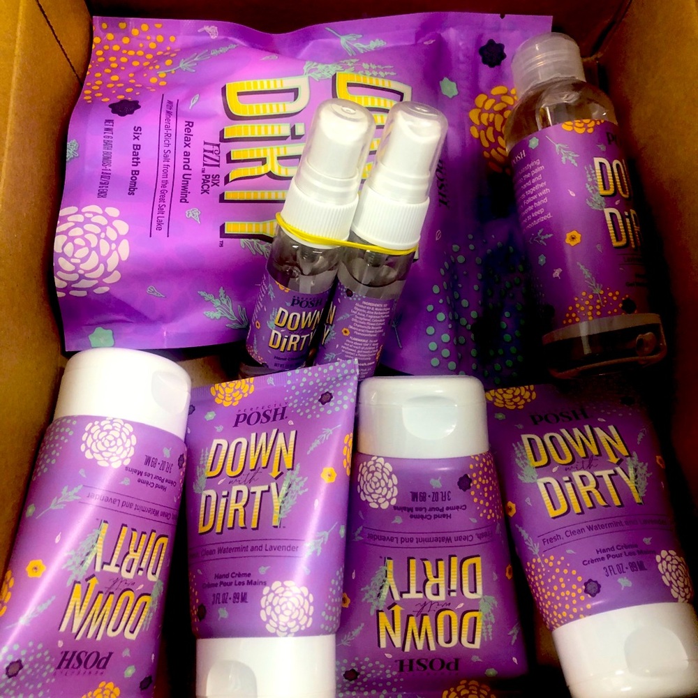 Perfectly Posh 8 pc lot Down With Dirty BFYHC, BathBombs, sanitizers—spray, gel